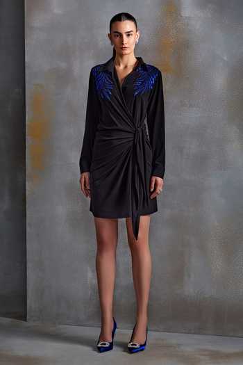Buy_Namrata Joshipura_Black Jersey Embroidery Tropical Fern Collar Sequin Embellished Wrap Dress_Online_at_Aza_Fashions