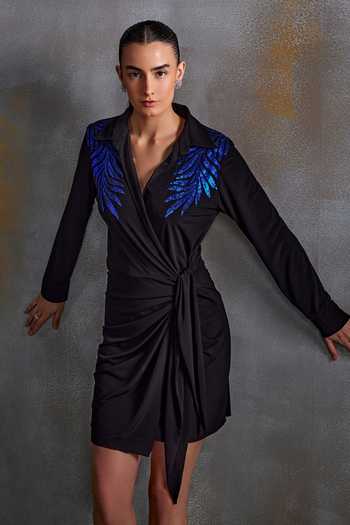 Shop_Namrata Joshipura_Black Jersey Embroidery Tropical Fern Collar Sequin Embellished Wrap Dress_Online_at_Aza_Fashions