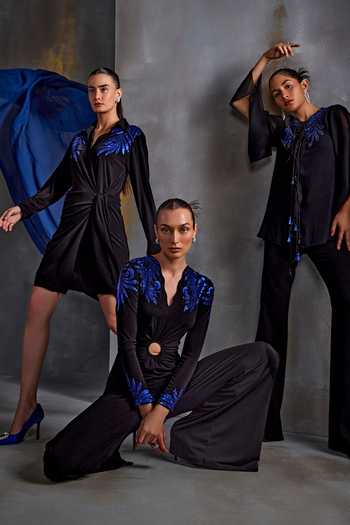 Namrata Joshipura_Black Jersey Embroidery Tropical Fern Collar Sequin Embellished Wrap Dress_at_Aza_Fashions