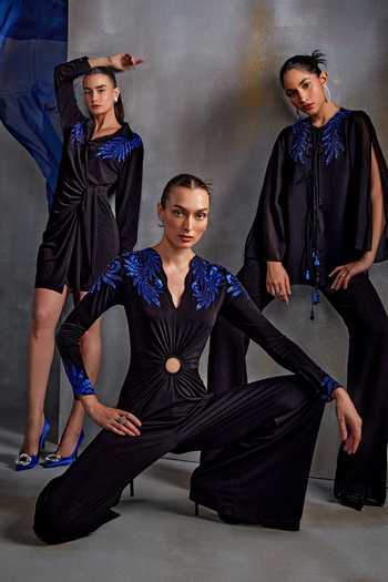 Buy_Namrata Joshipura_Black Jersey Embroidery Tropical Fern Collar Sequin Embellished Wrap Dress