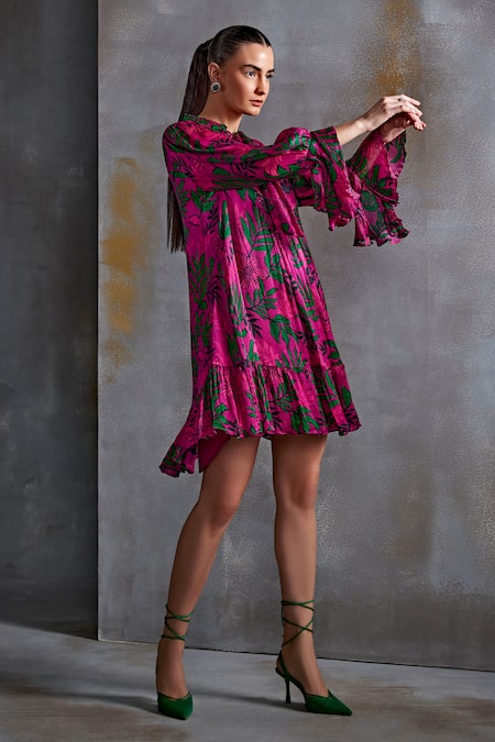 Namrata Joshipura_Pink Crinkled Cupro Silk Print Willow Shrub Mandarin Collar Angel Sleeves Dress_Online_at_Aza_Fashions