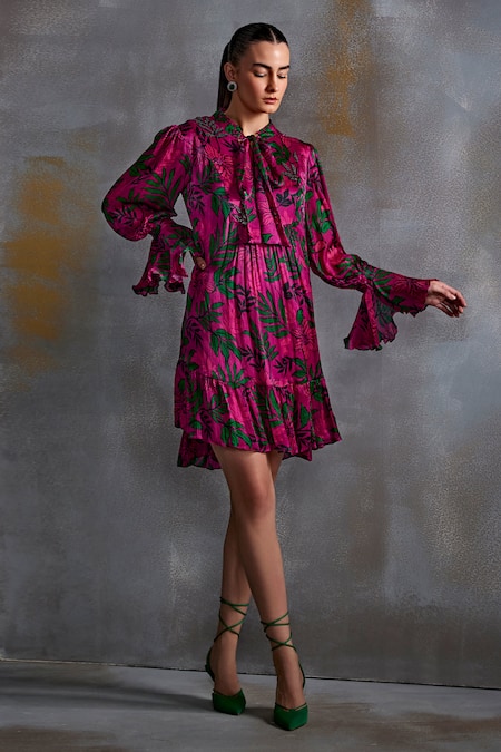 Buy_Namrata Joshipura_Pink Crinkled Cupro Silk Print Willow Shrub Mandarin Collar Angel Sleeves Dress_Online_at_Aza_Fashions