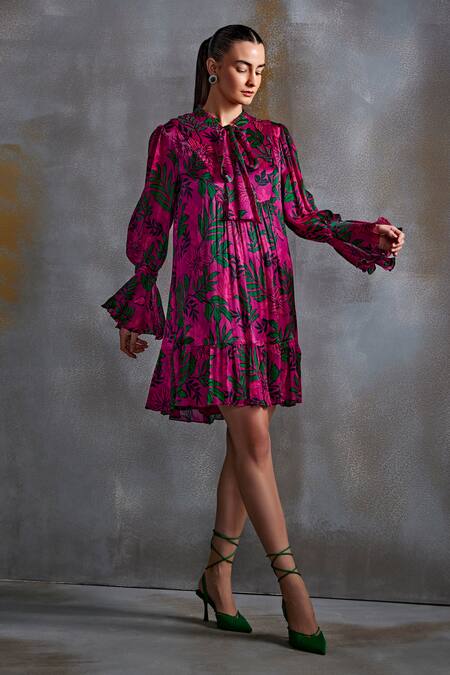 Shop_Namrata Joshipura_Pink Crinkled Cupro Silk Print Willow Shrub Mandarin Collar Angel Sleeves Dress_Online_at_Aza_Fashions