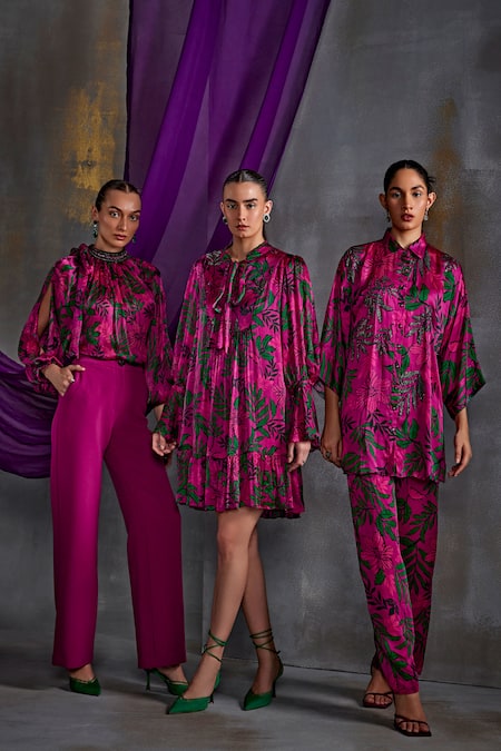 Buy_Namrata Joshipura_Pink Crinkled Cupro Silk Print Willow Shrub Mandarin Collar Angel Sleeves Dress