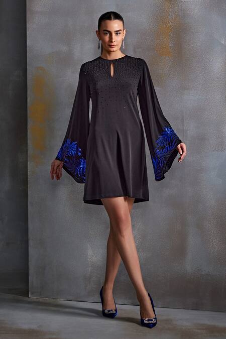 Namrata Joshipura Black Jersey Embroidery Sequin Leafy Blade Round Embellished Shift Dress