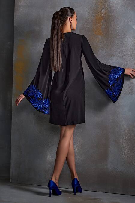 Shop Namrata Joshipura Black Jersey Embroidery Sequin Leafy Blade Round Embellished Shift Dress at Aza Fashions Shop_Namrata Joshipura_Black Jersey Embroidery Sequin Leafy Blade Round Embellished Shift Dress_at_Aza_Fashions