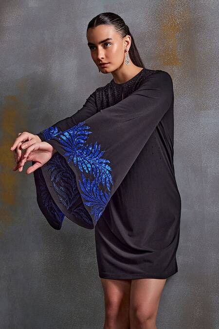 Buy Namrata Joshipura Black Jersey Embroidery Sequin Leafy Blade Round Embellished Shift Dress Online at Aza Fashions Buy_Namrata Joshipura_Black Jersey Embroidery Sequin Leafy Blade Round Embellished Shift Dress_Online_at_Aza_Fashions