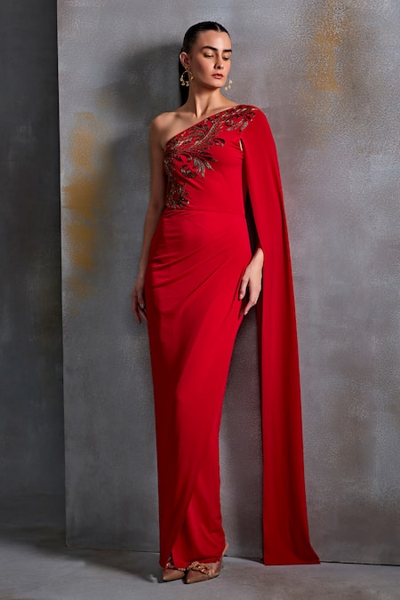 Namrata Joshipura_Red Jersey Embroidery One Shoulder Plumeria Cut Dana Gown _Online_at_Aza_Fashions