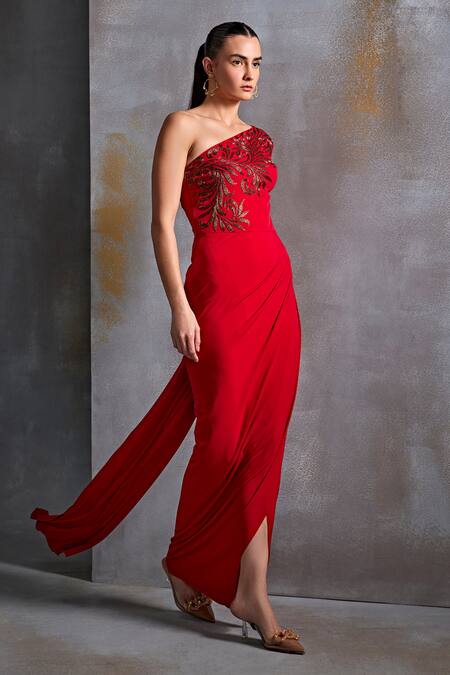 Buy_Namrata Joshipura_Red Jersey Embroidery One Shoulder Plumeria Cut Dana Gown _Online_at_Aza_Fashions