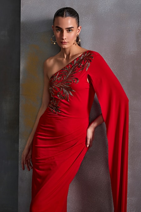 Shop_Namrata Joshipura_Red Jersey Embroidery One Shoulder Plumeria Cut Dana Gown _Online_at_Aza_Fashions