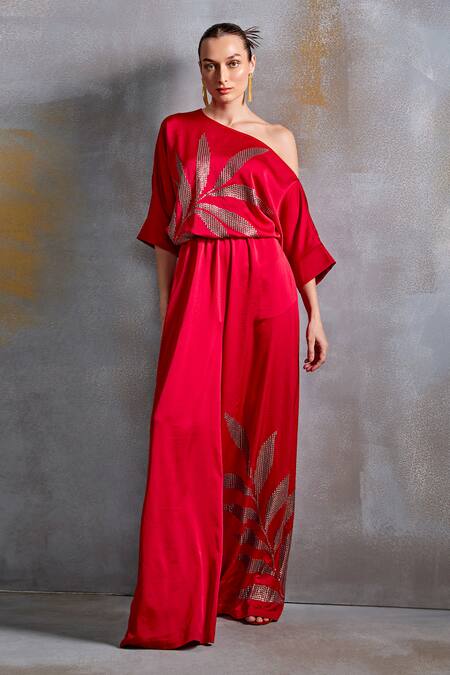 Namrata Joshipura_Red Satin Embroidery Sequin One Shoulder Leaf Blade Jumpsuit_Online_at_Aza_Fashions