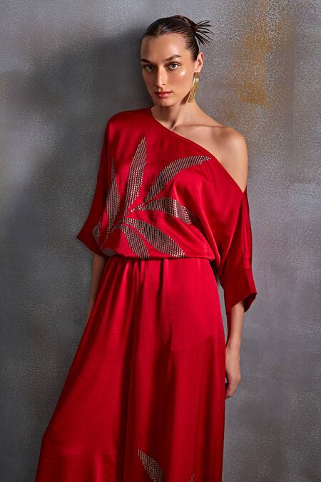 Buy_Namrata Joshipura_Red Satin Embroidery Sequin One Shoulder Leaf Blade Jumpsuit_Online_at_Aza_Fashions
