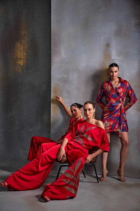 Shop_Namrata Joshipura_Red Satin Embroidery Sequin One Shoulder Leaf Blade Jumpsuit_Online_at_Aza_Fashions