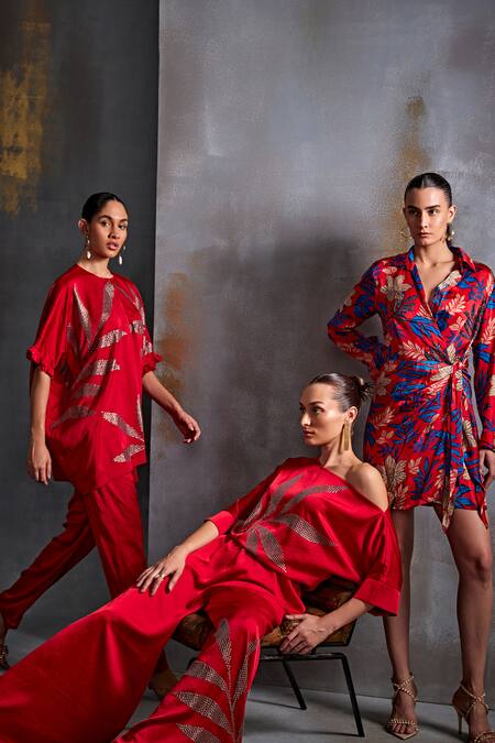 Namrata Joshipura_Red Satin Embroidery Sequin One Shoulder Leaf Blade Jumpsuit_at_Aza_Fashions