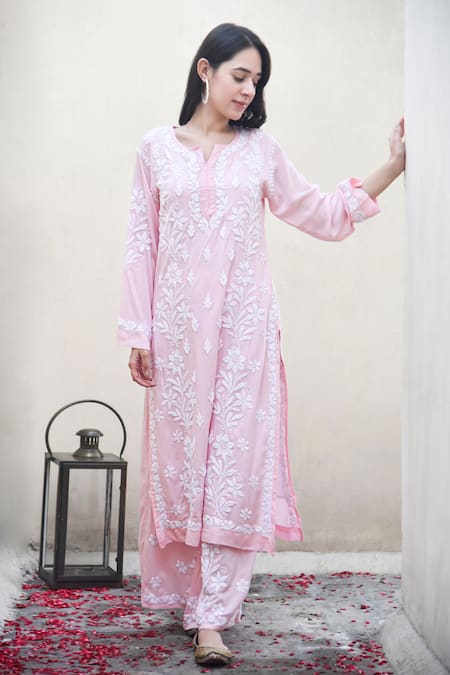 House Of Chikankari_Pink Modal Embroidery Chikankari Notched Neck Malak Kurta With Pant _Online_at_Aza_Fashions