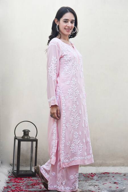 Buy_House Of Chikankari_Pink Modal Embroidery Chikankari Notched Neck Malak Kurta With Pant _Online_at_Aza_Fashions