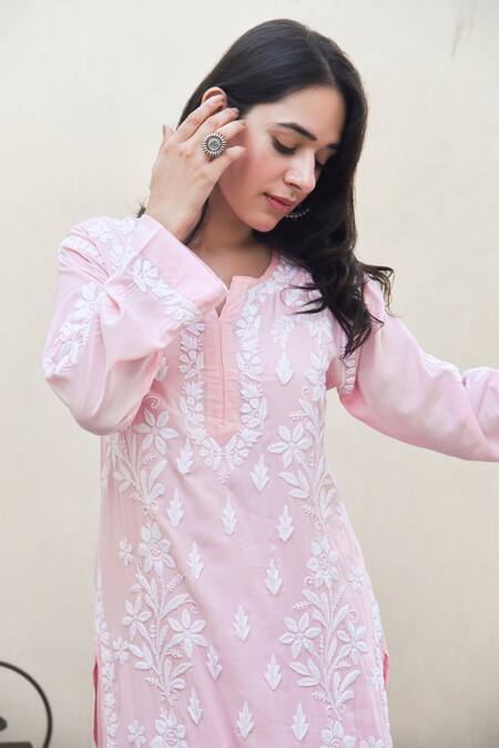 Shop_House Of Chikankari_Pink Modal Embroidery Chikankari Notched Neck Malak Kurta With Pant _Online_at_Aza_Fashions