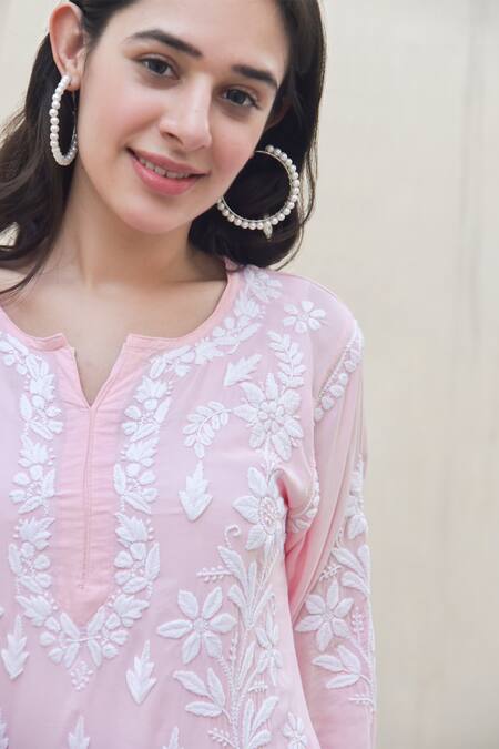 House Of Chikankari_Pink Modal Embroidery Chikankari Notched Neck Malak Kurta With Pant _at_Aza_Fashions