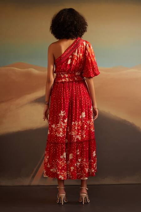 Shop Verb By Pallavi Singhee Coral Viscose, Georgette One Shoulder Abstract Print Dress at Aza Fashions Shop_Verb By Pallavi Singhee_Coral Viscose, Georgette One Shoulder Abstract Print Dress_at_Aza_Fashions