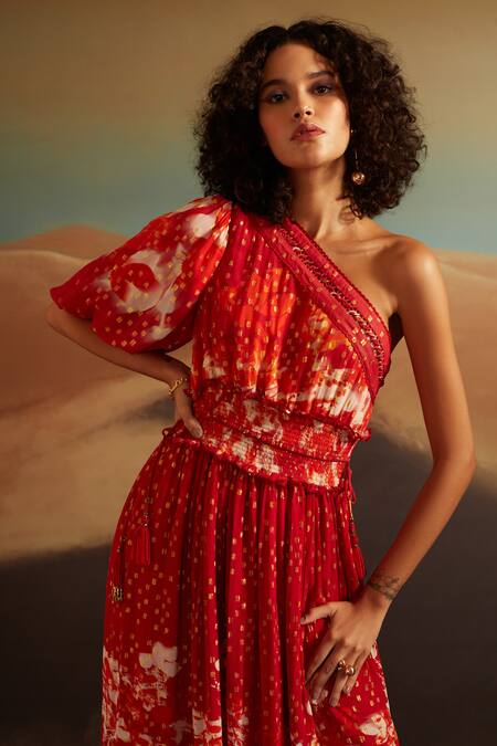 Verb By Pallavi Singhee Coral Viscose, Georgette One Shoulder Abstract Print Dress Online at Aza Fashions Verb By Pallavi Singhee_Coral Viscose, Georgette One Shoulder Abstract Print Dress_Online_at_Aza_Fashions