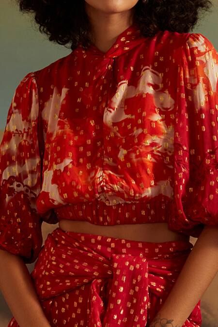 Verb By Pallavi Singhee_Coral Viscose, Lurex, Georgette Embroidery High Neck Abstract Print Crop Top_Online_at_Aza_Fashions