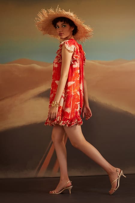 Verb By Pallavi Singhee Coral Viscose, Georgette Embroidery Round Neck Abstract Print Dress Online at Aza Fashions Verb By Pallavi Singhee_Coral Viscose, Georgette Embroidery Round Neck Abstract Print Dress _Online_at_Aza_Fashions