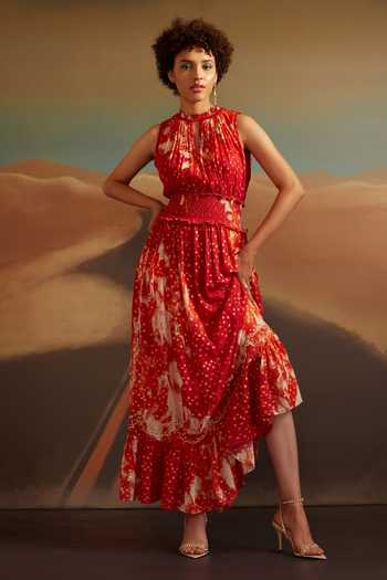 verb by pallavi singhee printed halter dress Verb By Pallavi Singhee Multi Color Satin Embroidery Halter Neck Midi Dress| Aza Fashions