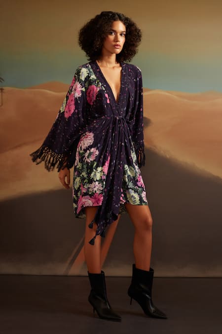 Verb by Pallavi Singhee Purple Cotton Printed Floral V-neck Blossom Kaftan Dress 