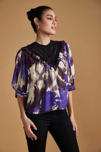 Buy Verb By Pallavi Singhee Purple Polyester Embroidery Round Neck Cutwork Yoke Printed Top at Aza Fashions Buy_Verb By Pallavi Singhee_Purple Polyester Embroidery Round Neck Cutwork Yoke Printed Top_at_Aza_Fashions