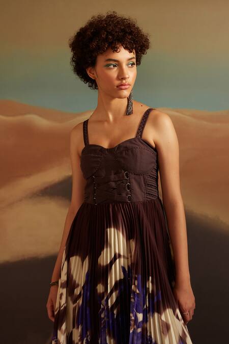 Verb By Pallavi Singhee Brown Polyester Sweetheart Neck Printed Corset Dress Online at Aza Fashions Verb By Pallavi Singhee_Brown Polyester Sweetheart Neck Printed Corset Dress _Online_at_Aza_Fashions