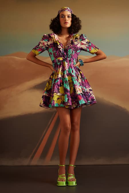 Verb By Pallavi Singhee Purple Cotton V-neck Floral Abstract Print Wrap Dress 