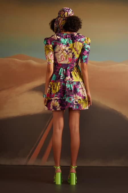 Shop Verb By Pallavi Singhee Purple Cotton V-neck Floral Abstract Print Wrap Dress at Aza Fashions Shop_Verb By Pallavi Singhee_Purple Cotton V-neck Floral Abstract Print Wrap Dress _at_Aza_Fashions