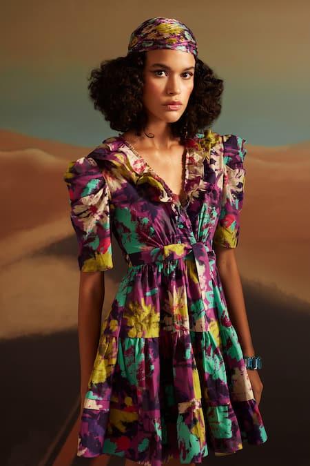 Verb By Pallavi Singhee Purple Cotton V-neck Floral Abstract Print Wrap Dress Online at Aza Fashions Verb By Pallavi Singhee_Purple Cotton V-neck Floral Abstract Print Wrap Dress _Online_at_Aza_Fashions