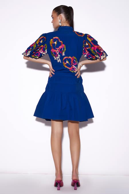 Shop Verb By Pallavi Singhee Blue Cotton Embroidery Collared Floral Thread Shirt Dress at Aza Fashions Shop_Verb By Pallavi Singhee_Blue Cotton Embroidery Collared Floral Thread Shirt Dress _at_Aza_Fashions