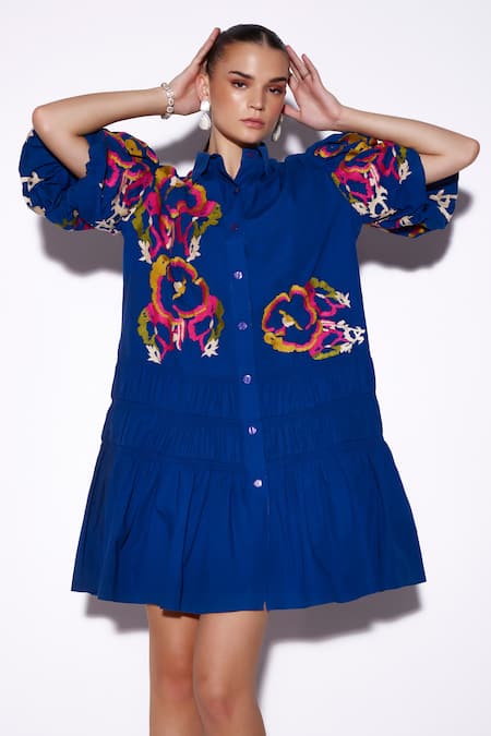 Verb By Pallavi Singhee Blue Cotton Embroidery Collared Floral Thread Shirt Dress Online at Aza Fashions Verb By Pallavi Singhee_Blue Cotton Embroidery Collared Floral Thread Shirt Dress _Online_at_Aza_Fashions