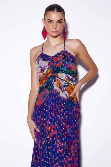Verb By Pallavi Singhee Blue Viscose, Georgette Sweetheart Neck Abstract Print Ruched Dress Online at Aza Fashions Verb By Pallavi Singhee_Blue Viscose, Georgette Sweetheart Neck Abstract Print Ruched Dress _Online_at_Aza_Fashions
