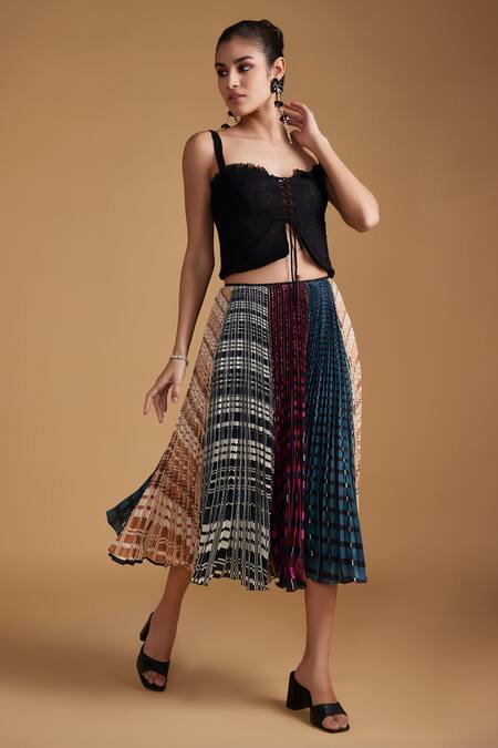 Verb By Pallavi Singhee_Multi Color Polyester Checkered Print Pleated Skirt_Online_at_Aza_Fashions
