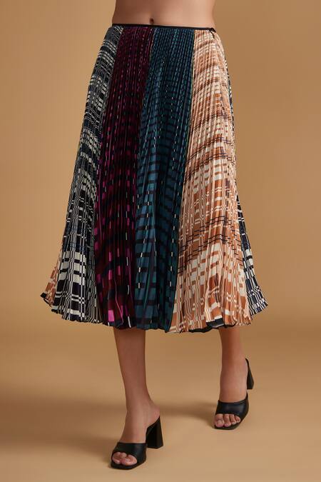 Buy_Verb By Pallavi Singhee_Multi Color Polyester Checkered Print Pleated Skirt_Online_at_Aza_Fashions