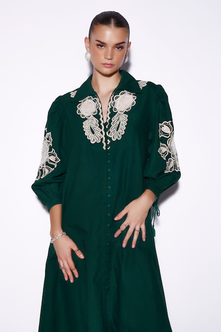 Verb By Pallavi Singhee_Green Cotton Embroidery Collared Floral Thread Work Shirt Dress _Online_at_Aza_Fashions