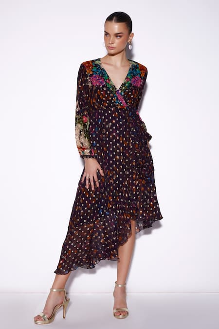 Verb By Pallavi Singhee Black Viscose, Georgette Embroidery V-neck Abstract Print Wrap Dress 