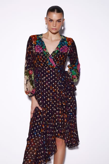Shop Verb By Pallavi Singhee Black Viscose, Georgette Embroidery V-neck Abstract Print Wrap Dress at Aza Fashions Shop_Verb By Pallavi Singhee_Black Viscose, Georgette Embroidery V-neck Abstract Print Wrap Dress _at_Aza_Fashions
