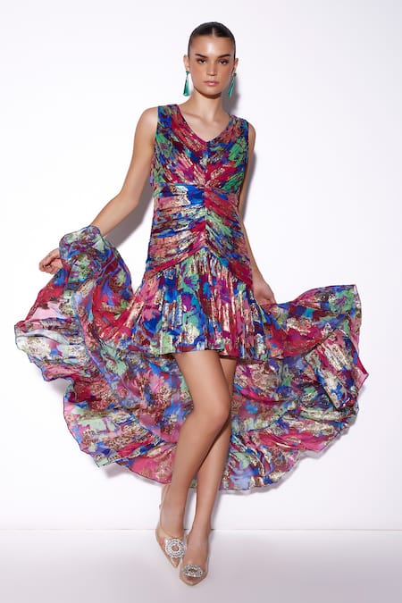 Verb By Pallavi Singhee Multi Color Viscose, Georgette, Lurex V-neck Abstract Print High-low Dress 