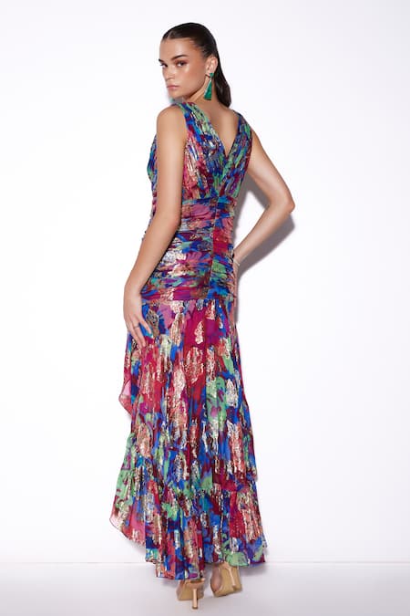 Shop Verb By Pallavi Singhee Multi Color Viscose, Georgette, Lurex V-neck Abstract Print High-low Dress at Aza Fashions Shop_Verb By Pallavi Singhee_Multi Color Viscose, Georgette, Lurex V-neck Abstract Print High-low Dress _at_Aza_Fashions