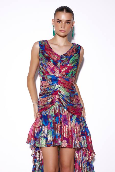 Verb By Pallavi Singhee Multi Color Viscose, Georgette, Lurex V-neck Abstract Print High-low Dress Online at Aza Fashions Verb By Pallavi Singhee_Multi Color Viscose, Georgette, Lurex V-neck Abstract Print High-low Dress _Online_at_Aza_Fashions