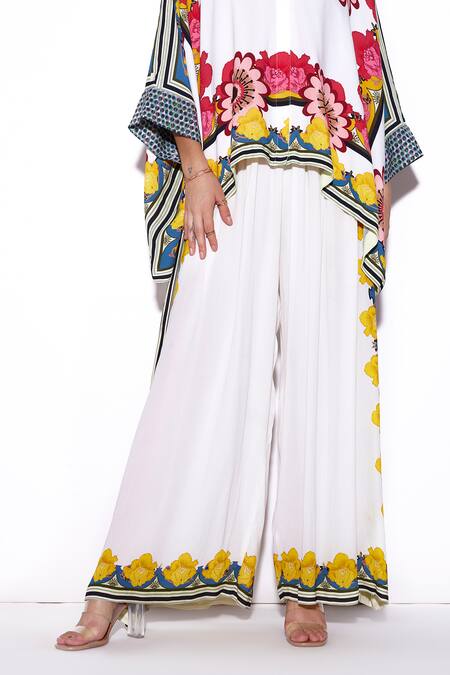 Verb By Pallavi Singhee_Ivory Georgette Printed Bordered Flared Pant_Online_at_Aza_Fashions