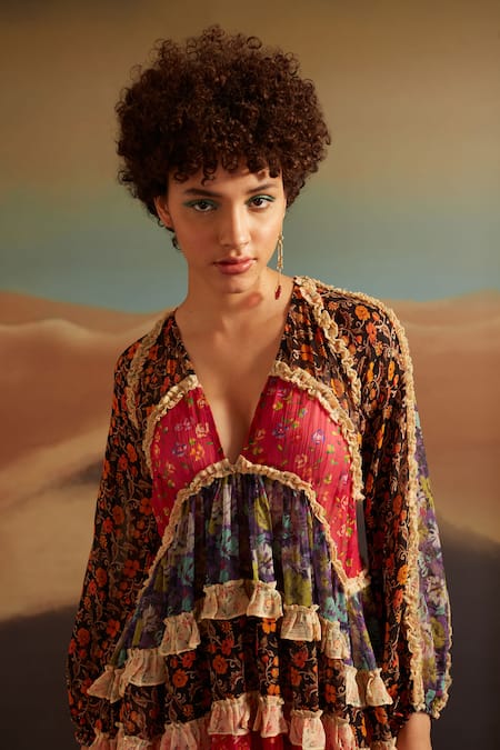 Verb By Pallavi Singhee_Multi Color Viscose, Georgette Ruffles V-neck Floral Print Layered Dress _Online_at_Aza_Fashions