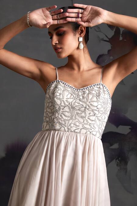 Verb By Pallavi Singhee Ivory Organza Beads, Embroidery Sweetheart Neck Bodice Maxi Dress Online at Aza Fashions Verb By Pallavi Singhee_Ivory Organza Beads, Embroidery Sweetheart Neck Bodice Maxi Dress _Online_at_Aza_Fashions