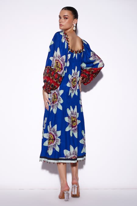 Shop Verb By Pallavi Singhee Blue Cotton Square Neck Floral Bloom Print Dress at Aza Fashions Shop_Verb By Pallavi Singhee_Blue Cotton Square Neck Floral Bloom Print Dress _at_Aza_Fashions