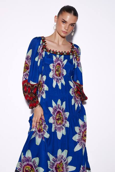 Verb By Pallavi Singhee Blue Cotton Square Neck Floral Bloom Print Dress Online at Aza Fashions Verb By Pallavi Singhee_Blue Cotton Square Neck Floral Bloom Print Dress _Online_at_Aza_Fashions