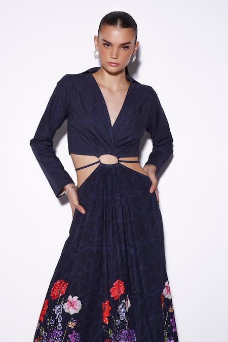 Verb By Pallavi Singhee_Blue Cotton Embroidery Collared Placement Floral Print Dress _Online_at_Aza_Fashions